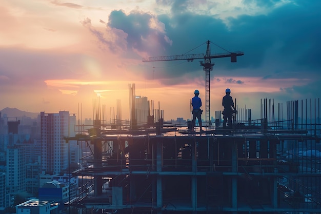 Silhouettes of workers at height in helmets safety precautions