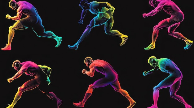 Photo silhouettes of wrestlers in motion each filled with different vibrant gradients abstract powerful