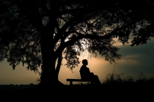 Silhouettes of young man seating on the chair near tree copy empty space