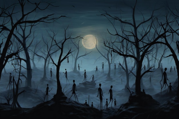 Silhouettes of zombies in the forest at night Halloween background