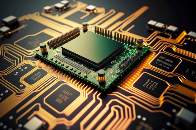 Silicon chip with integrated circuit board in modern hightech digital equipment