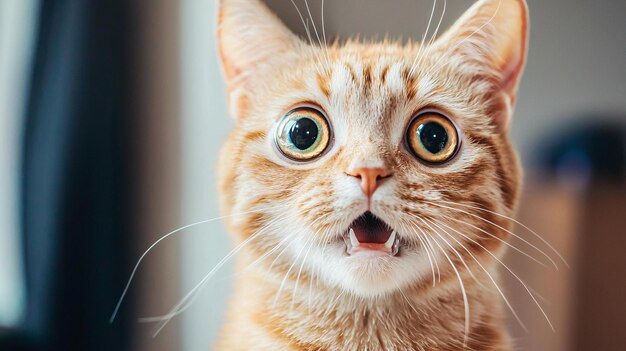 Photo silly cat wide eyed and shocked mouth open as if witnessing unbelievable chaos moment key