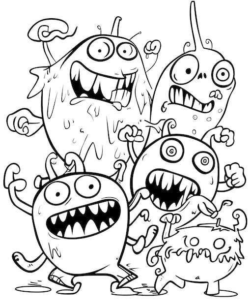 Photo silly monster cartoon characters exercising together in a coloring book style