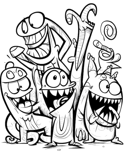 Photo silly monster cartoon characters exercising and working out in bold black and white