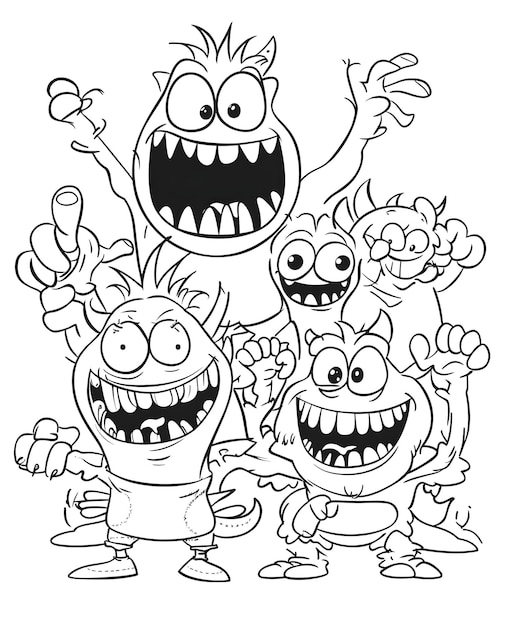 Silly Monster Cartoon Characters Working Out Together in Bold Black and White