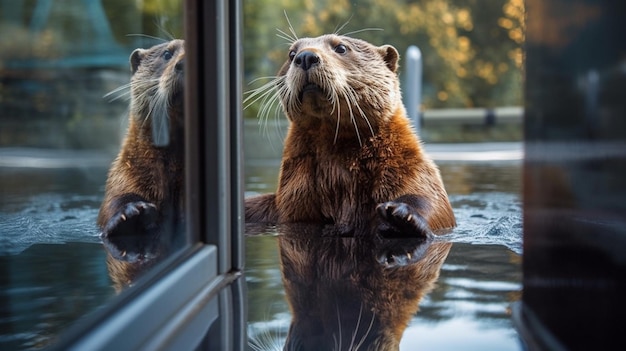 A silly snapshot of an otter with its belly pressed against a glass wall seemingly fascinated by it