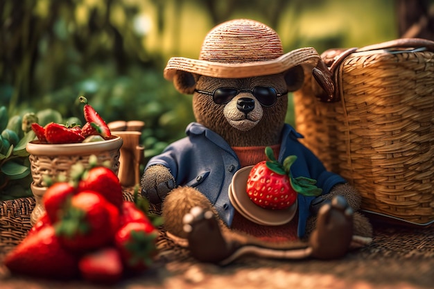 A sillylooking bear wearing a straw hat and sunglasses sitting on a picnic blanket with a basket of berries and a big smile