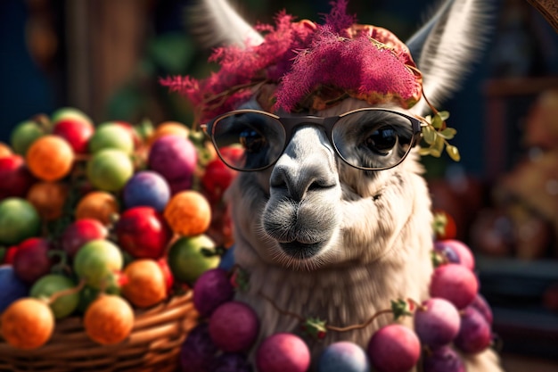 A sillylooking llama wearing a colorful bowtie and sunglasses chewing on a big bunch of grapes while striking a pose for the camera