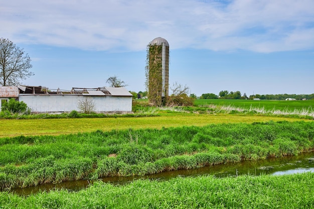 Silo summer blue sky creek ditch green ivy climbing up the side and old building