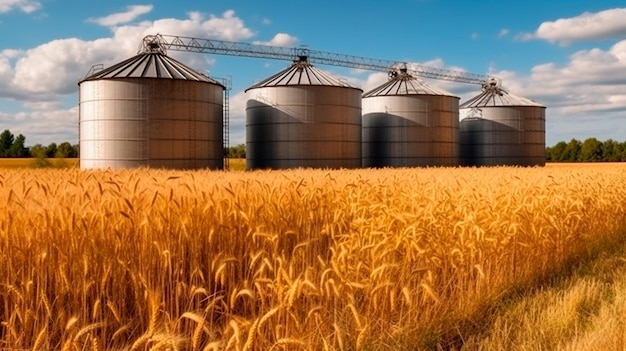 Silos in a barley field Storage of agricultural production Generative AI