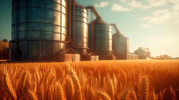 Silos in a barley field Storage of agricultural production Generative AI