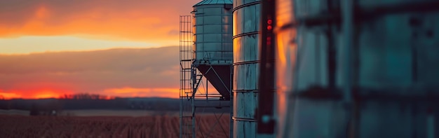 Photo silos for storing grain and cereals at sunset agriculture