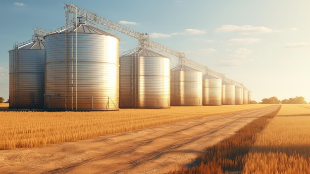 Silos in Wheat Field Agricultural Product Storage Agricultural Business and Production Illustration