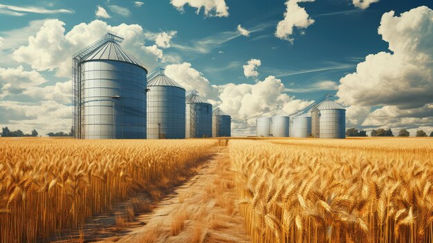 Silos in Wheat Field Agricultural Product Storage Agricultural Business and Production Illustration