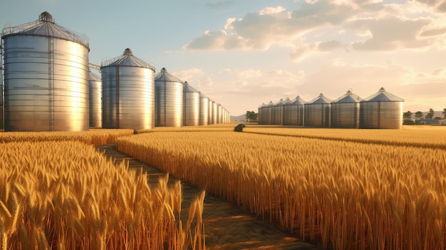 Silos in Wheat Field Agricultural Product Storage Agricultural Business and Production Illustration