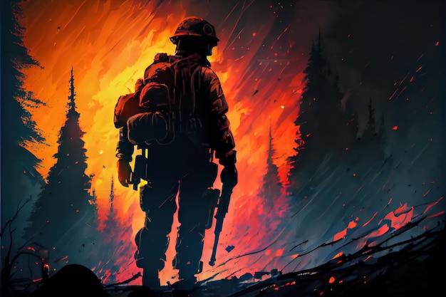 Siluette fo firefighter with fire