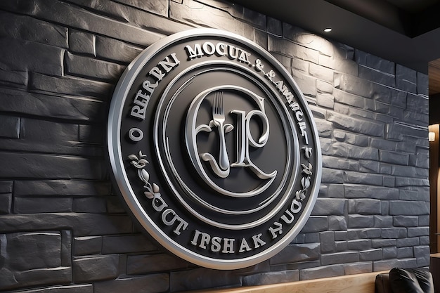 Silver 3D logo mockup on restaurant decoration wall