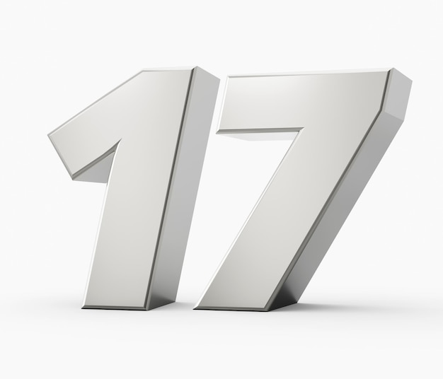 Silver 3d numbers 17 Seventeen Isolated white background 3d illustration