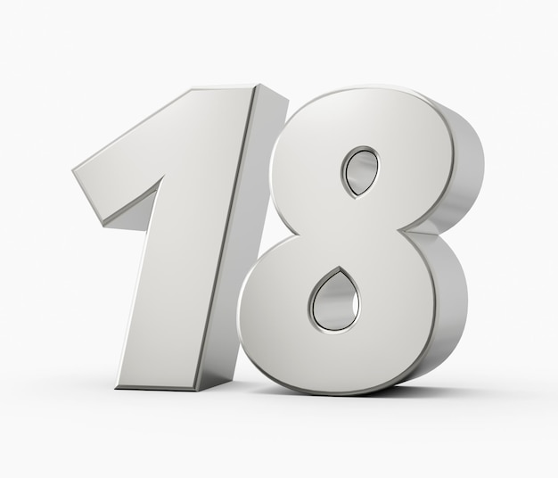 Silver 3d numbers 18 eighteen Isolated white background 3d illustration