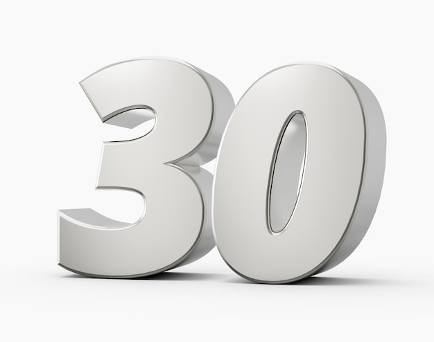 Silver 3d numbers 30 thirty Isolated white background 3d illustration