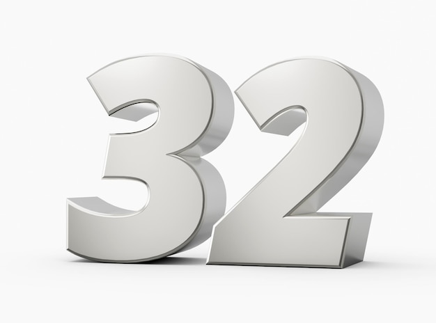 Silver 3d numbers 32 thirty two Isolated white background 3d illustration