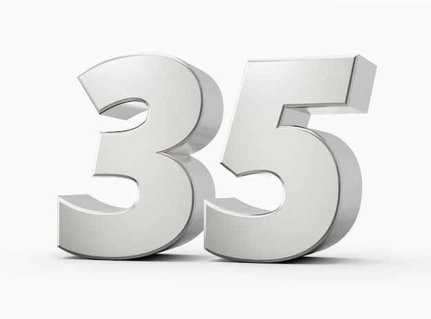 Silver 3d numbers 35 thirty five Isolated white background 3d illustration