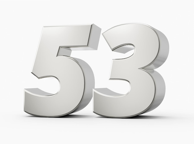 Silver 3d numbers 53 Fifty three Isolated white background 3d illustration