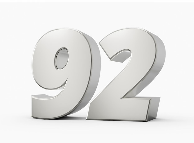 Silver 3d numbers 92 Ninety Two Isolated white background 3d illustration