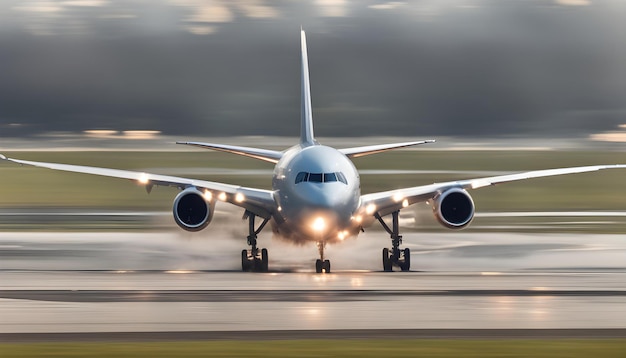 a silver airplane is taking off from a runway