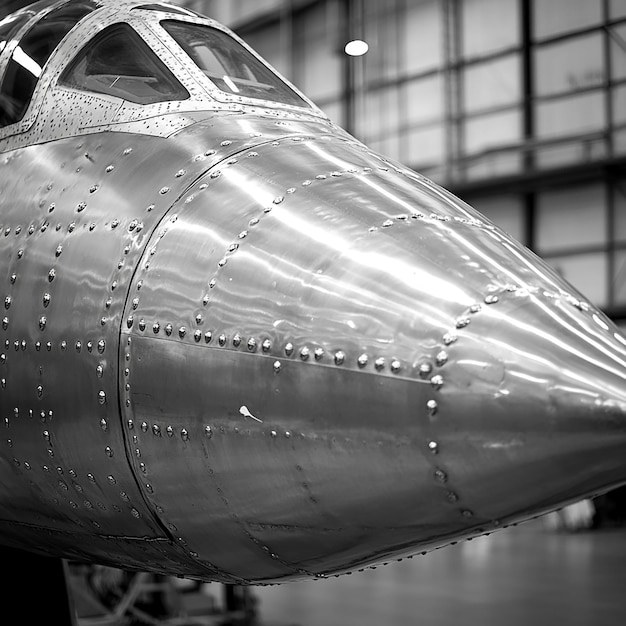 a silver airplane with the nose of the cockpit has a large window