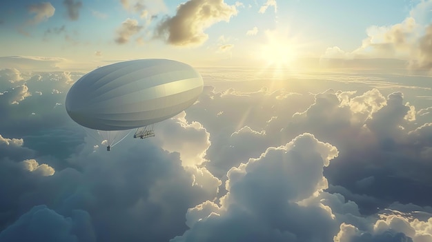 A silver airship flies through a cloudy sky