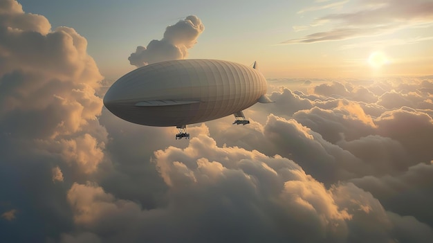 A silver airship flies through a sea of clouds The setting sun casts a golden glow on the clouds and the airship The image is peaceful and serene