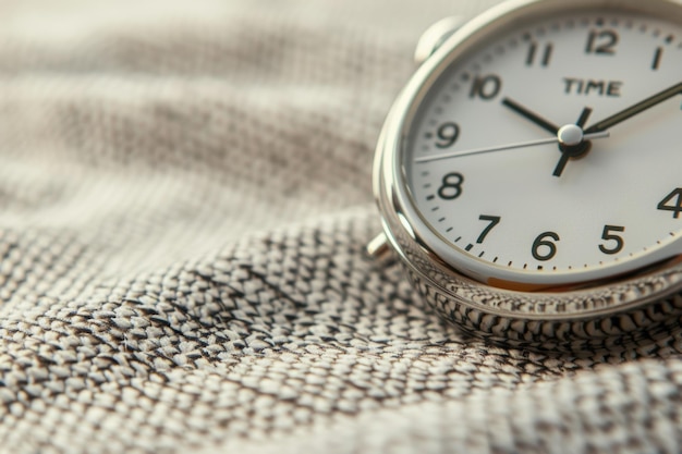 Silver alarm clock ticking showing time passing on fabric