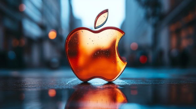 a silver apple shaped object with the word apple on it