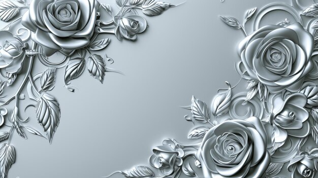 Photo silver background with roses and leaves