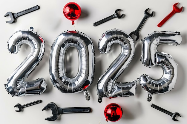 Photo silver balloon numbers surrounded by wrenches and red ornaments