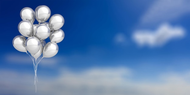 Silver balloons on blue sky background 3d illustration