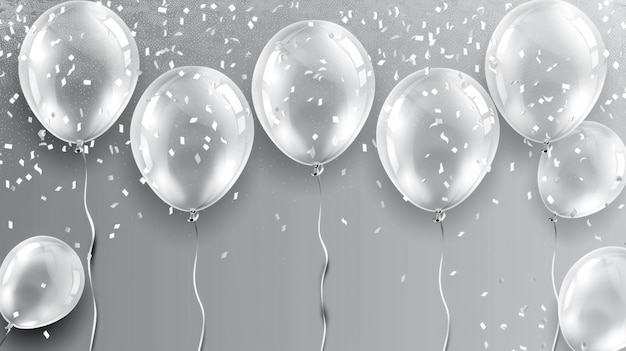 Photo silver balloons and confetti celebration on white background