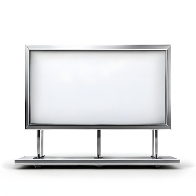 a silver billboard on a stand with a white background