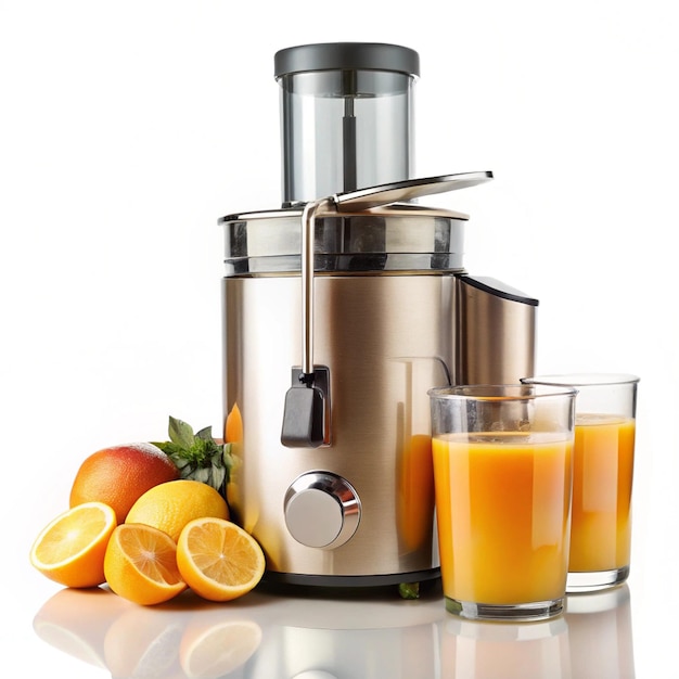 Photo a silver and black appliance next to a glass of orange juice