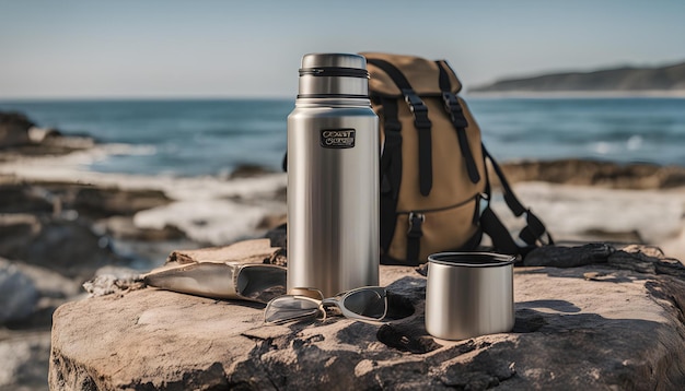 a silver and black backpack sits on a rock next to a water bottle