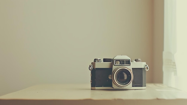 a silver and black camera is sitting on a table