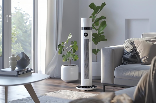 Photo a silver and black electric heater sits in a living room