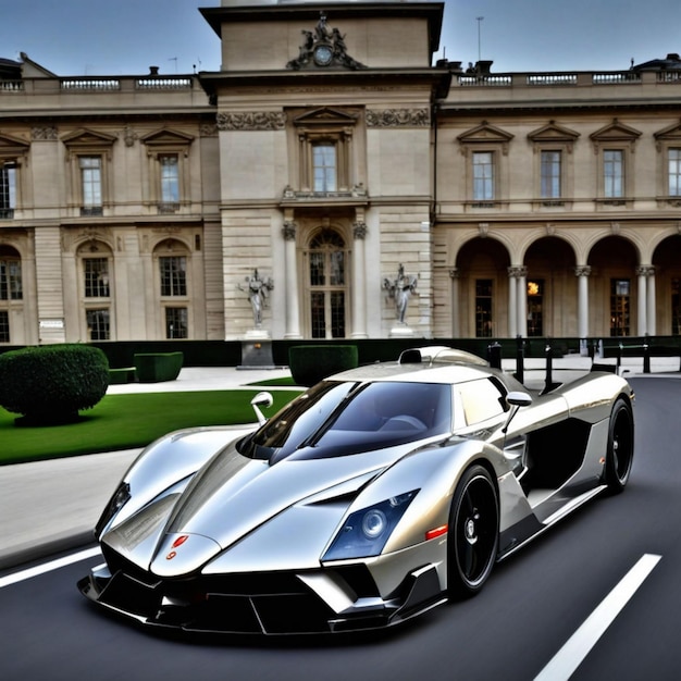 Photo a silver and black supercar is on the road in front of a building