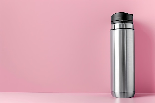 Photo silver and black thermos for mock up on white pink background