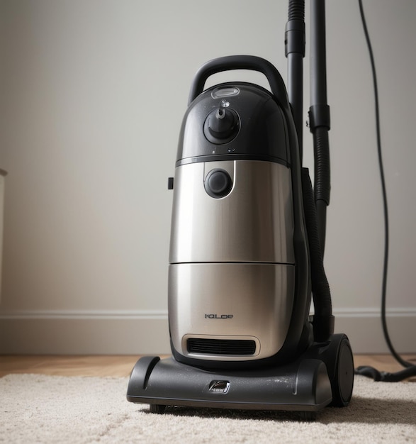 Photo a silver and black vacuum sits on a carpet