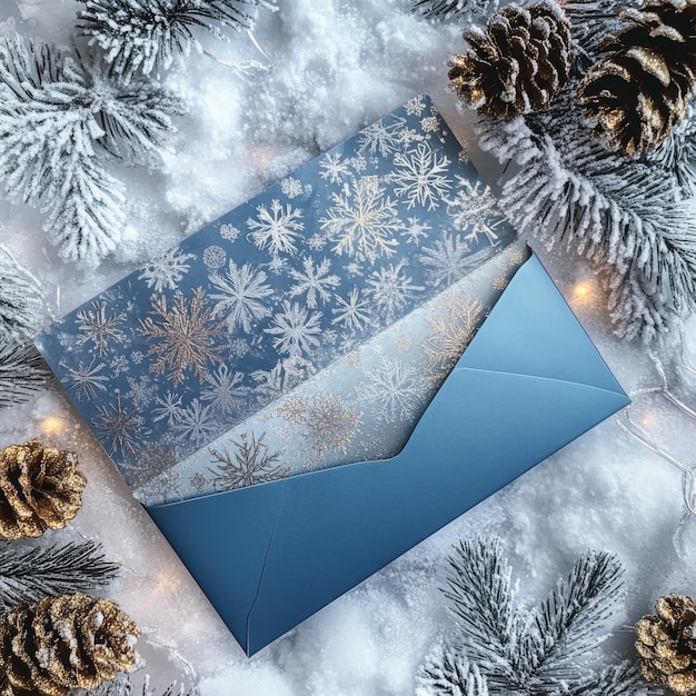 Silver and blue envelope with shimmering holiday patterns placed on a frosty background with snowfla