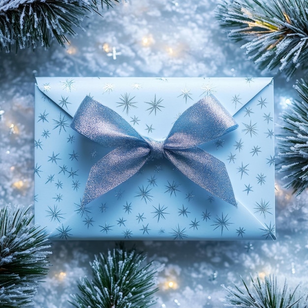 Silver and blue envelope with star patterns and a shiny ribbon set against a frosty winter backdrop