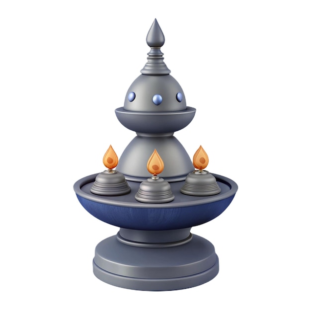 a silver and blue fountain with candles on top of it