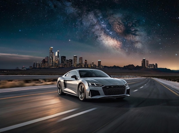 a silver bmw car is driving down the road with a city in the background